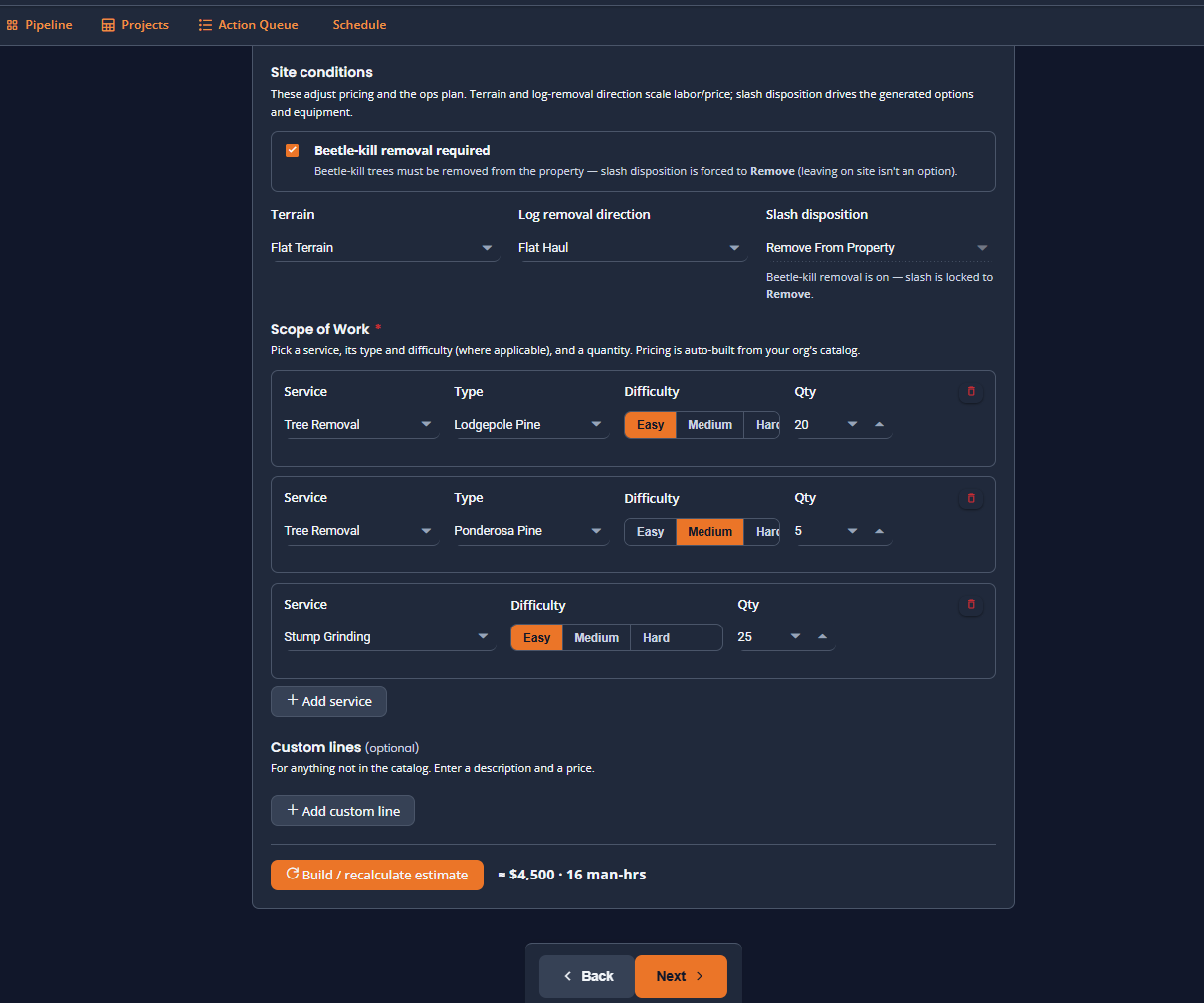 PropertyWorks estimate builder — scope of work with auto-calculated price and man-hours